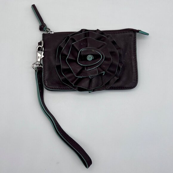 ILI New York Leather Wristlet Wallet Clutch Dark Brown Plum Rosette - Picture 1 of 9